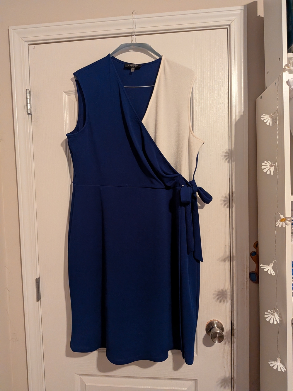 Kasper Royal Blue and White Sleeveless Wrap Midi Dress